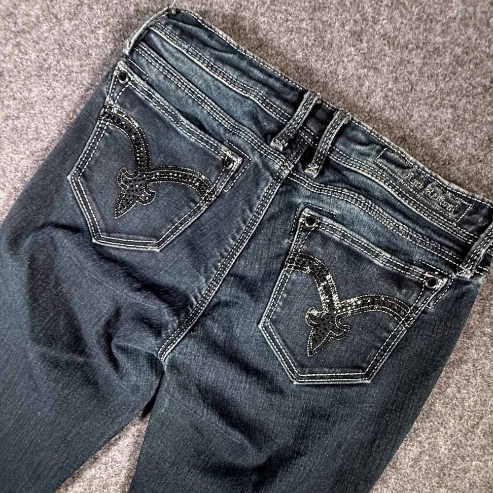 Rock Revival‎ Lexi Super Skinny Jeans Dark Wash Sequin Fleur-De-Lis 27 Low Rise